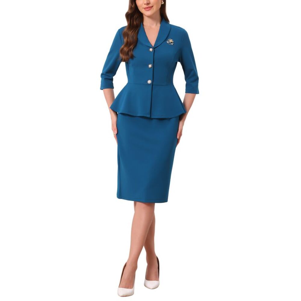 Women Trendy Work 2 Piece Suit Set with Brooch Pin Skirt Lake Blue